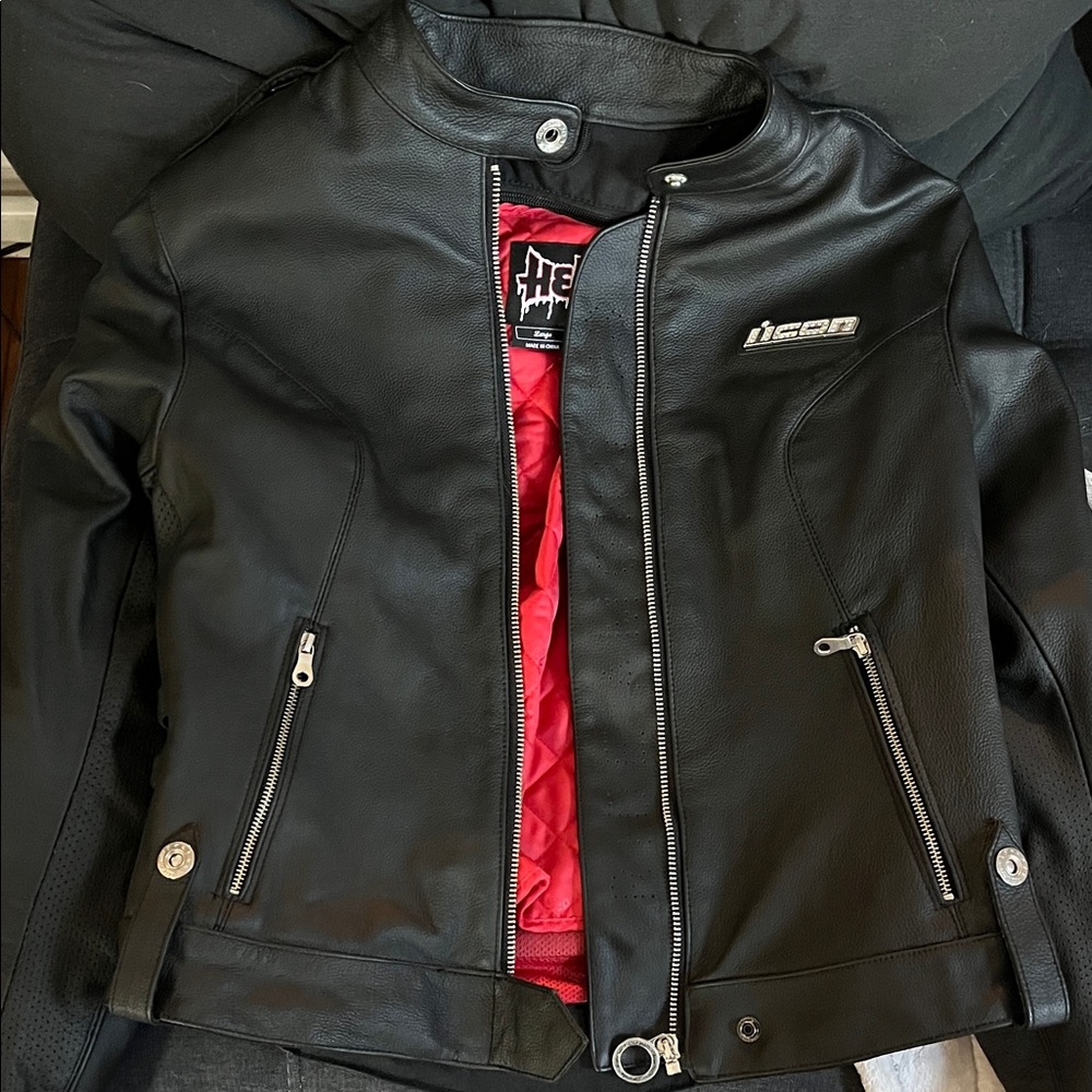 ICON Black Leather Jacket with Red Lining